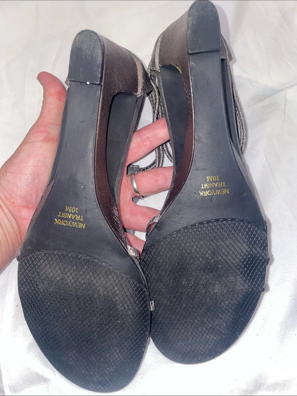 New York Transit Silver Metallic T-Strap Wedge Sandals with Rhinestone Accents